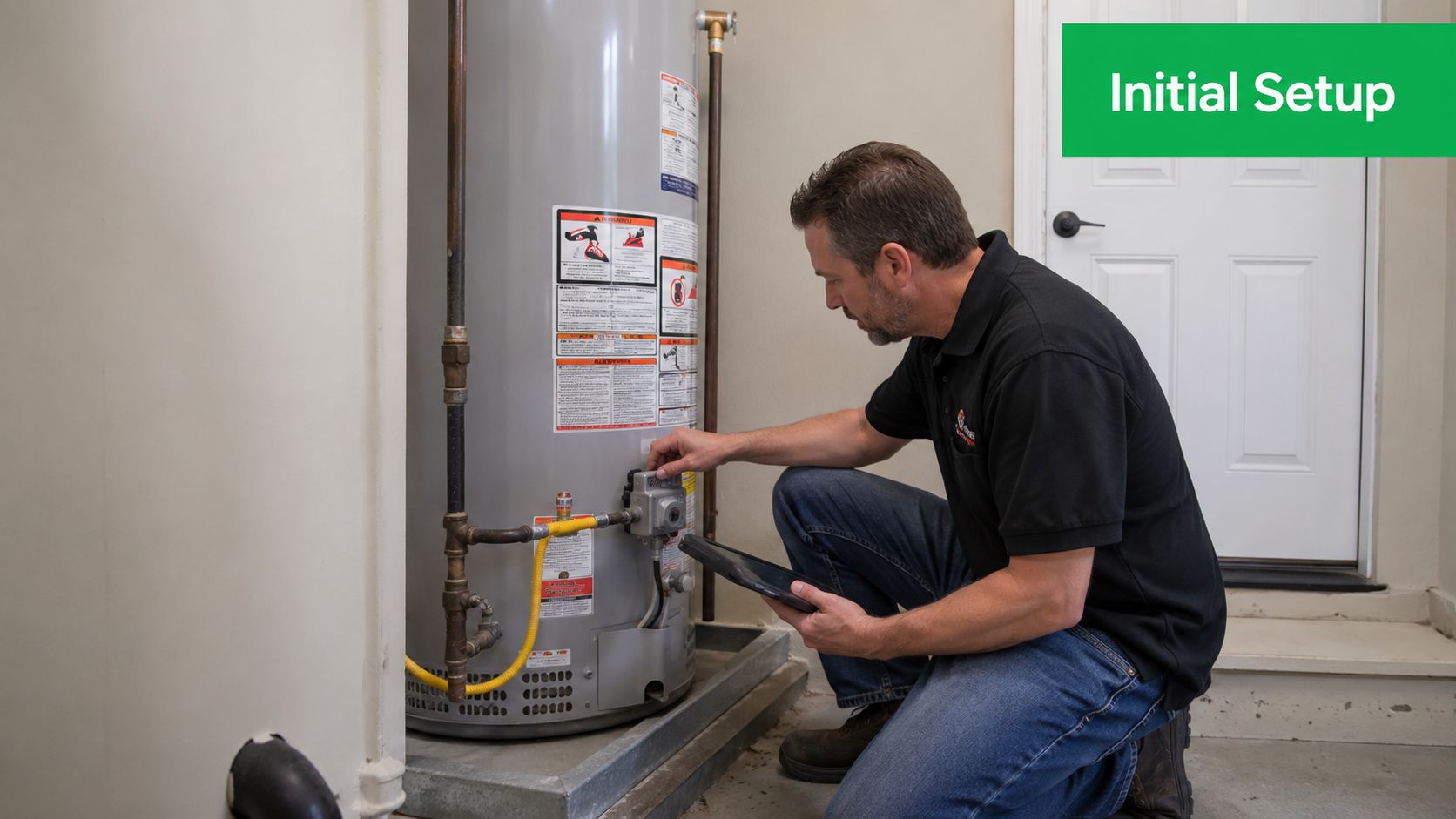 A technician kneeling and inspecting a water heater unit while holding a tablet in a utility room.