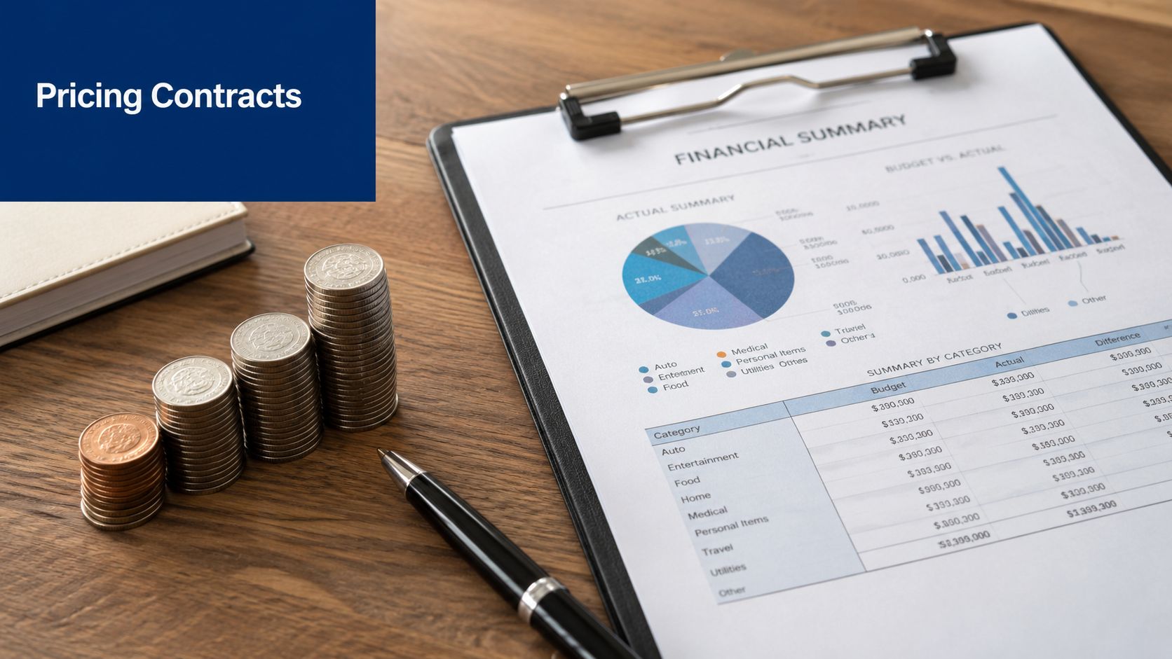 A clipboard showing financial summaries, charts, and budget reports beside stacks of coins on a wooden table.