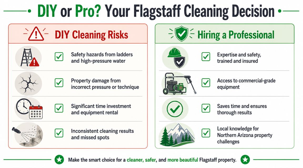 An infographic comparing the risks of DIY cleaning versus the benefits of hiring professional power washing services.