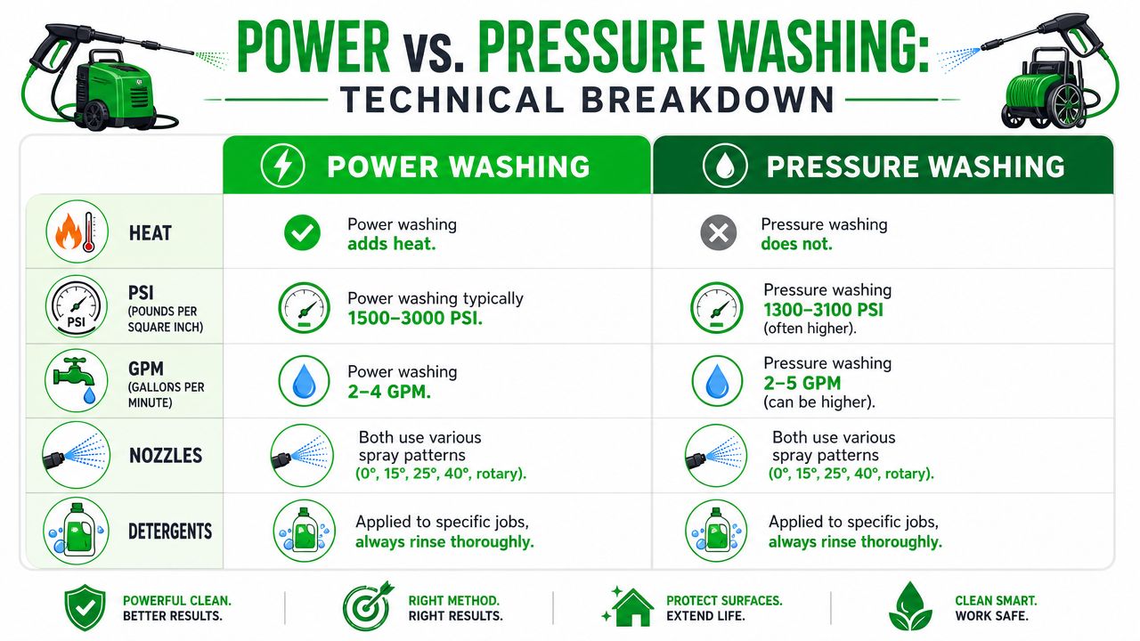 A comparison chart outlining the technical differences between power washing and pressure washing regarding heat and pressure.