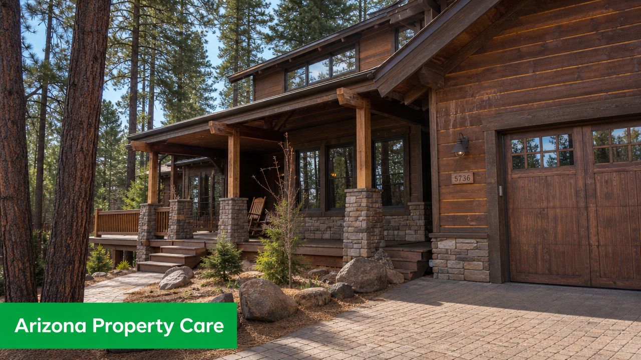 A luxurious wooden mountain home featuring stone accents and a paved driveway surrounded by tall pine trees.