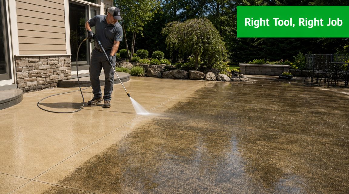 A professional worker using a high-pressure washer to clean a dirty residential concrete patio surface.