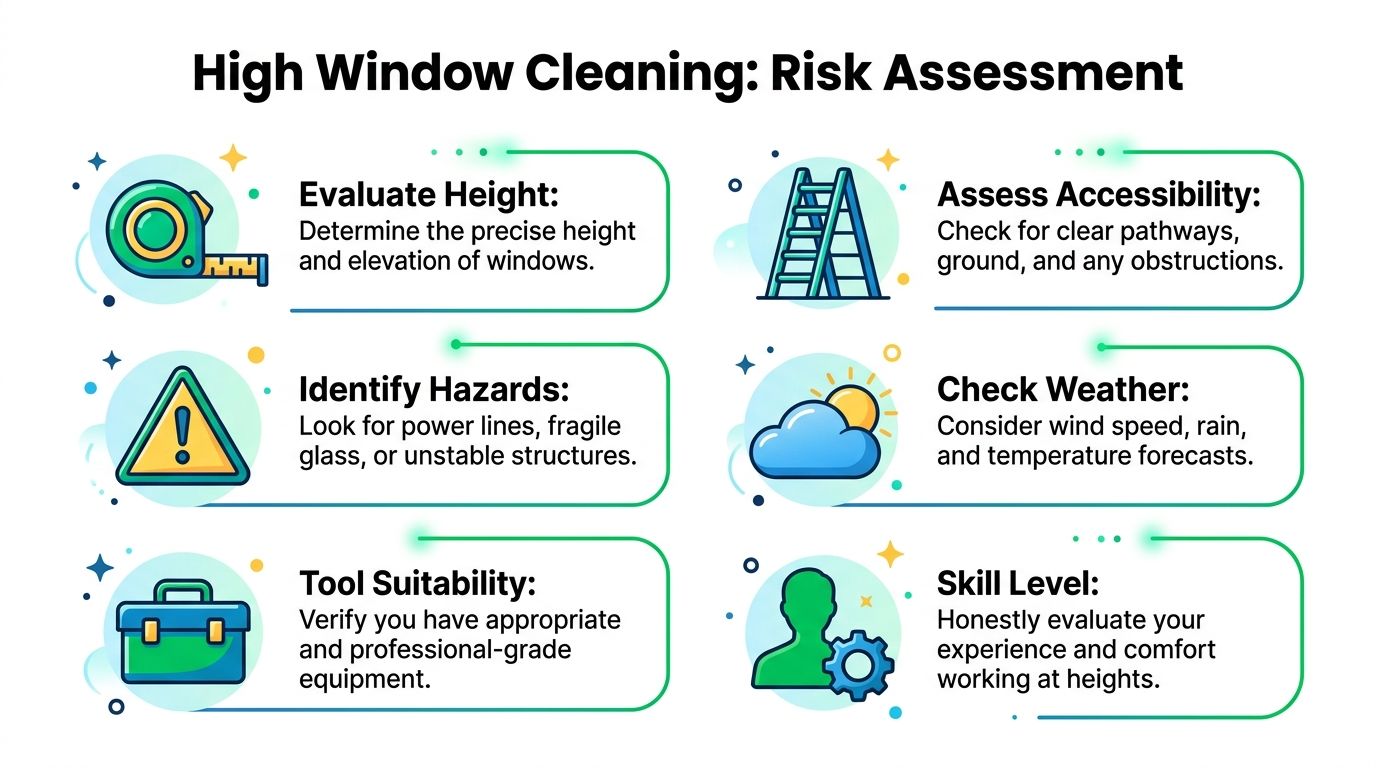 A checklist infographic illustrating key safety risk assessment factors for performing professional high window cleaning services.