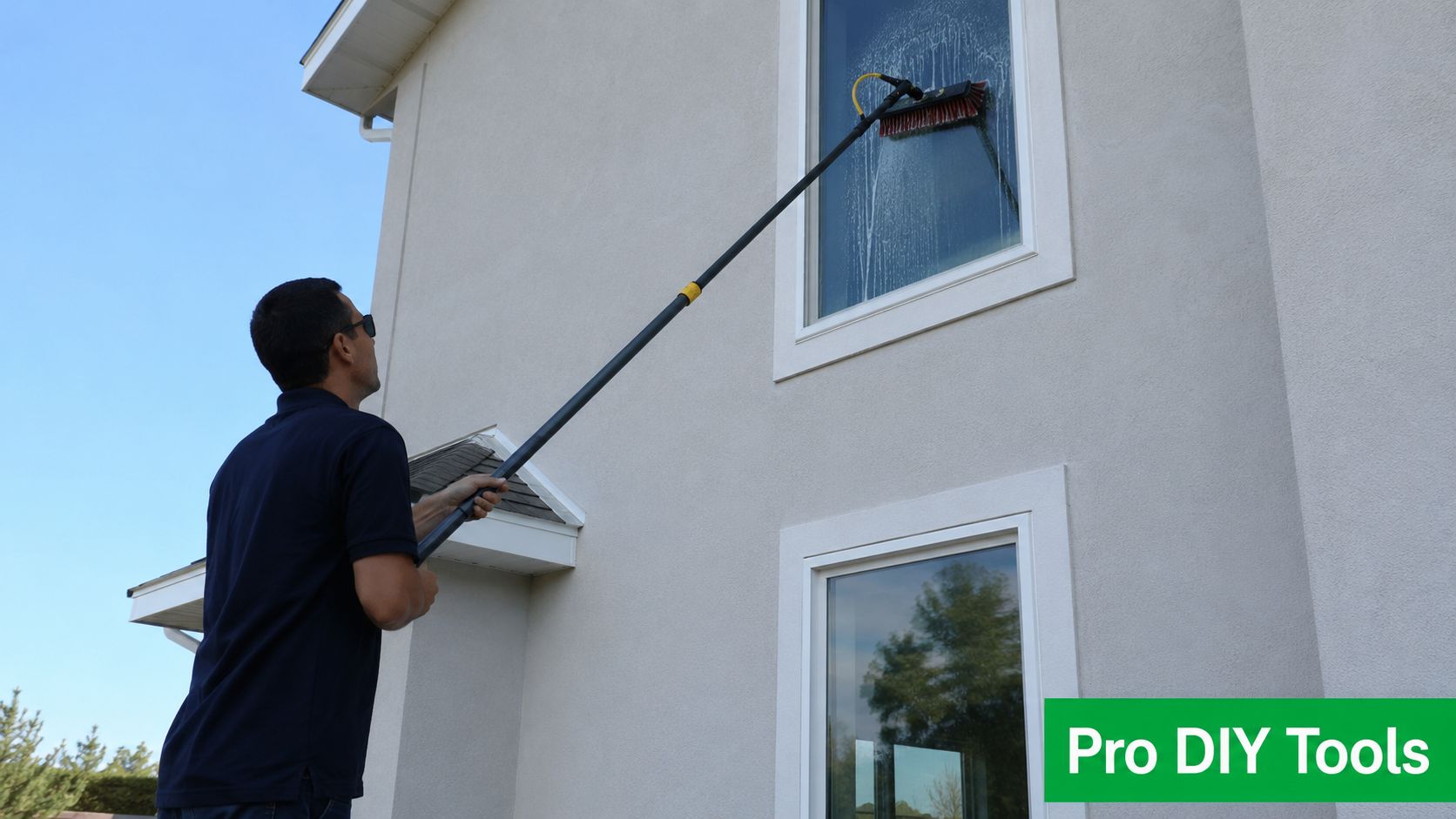 A man uses a long extendable pole with a brush attachment to clean a high residential window.