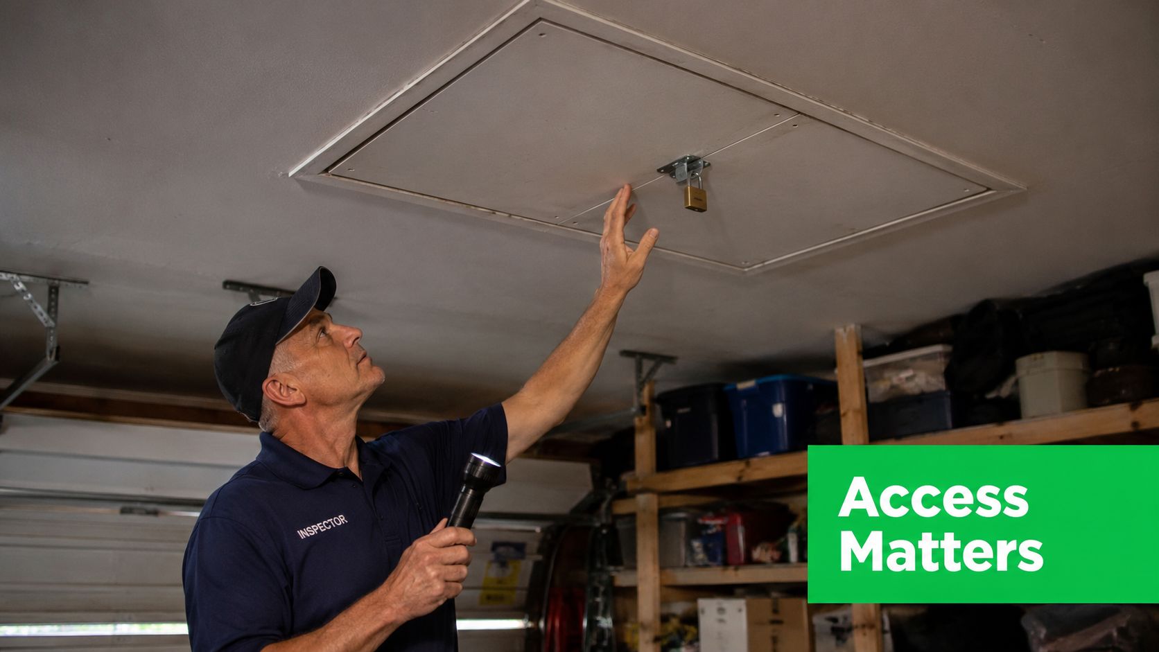 A home inspector using a flashlight to check the locked attic access hatch in a garage.