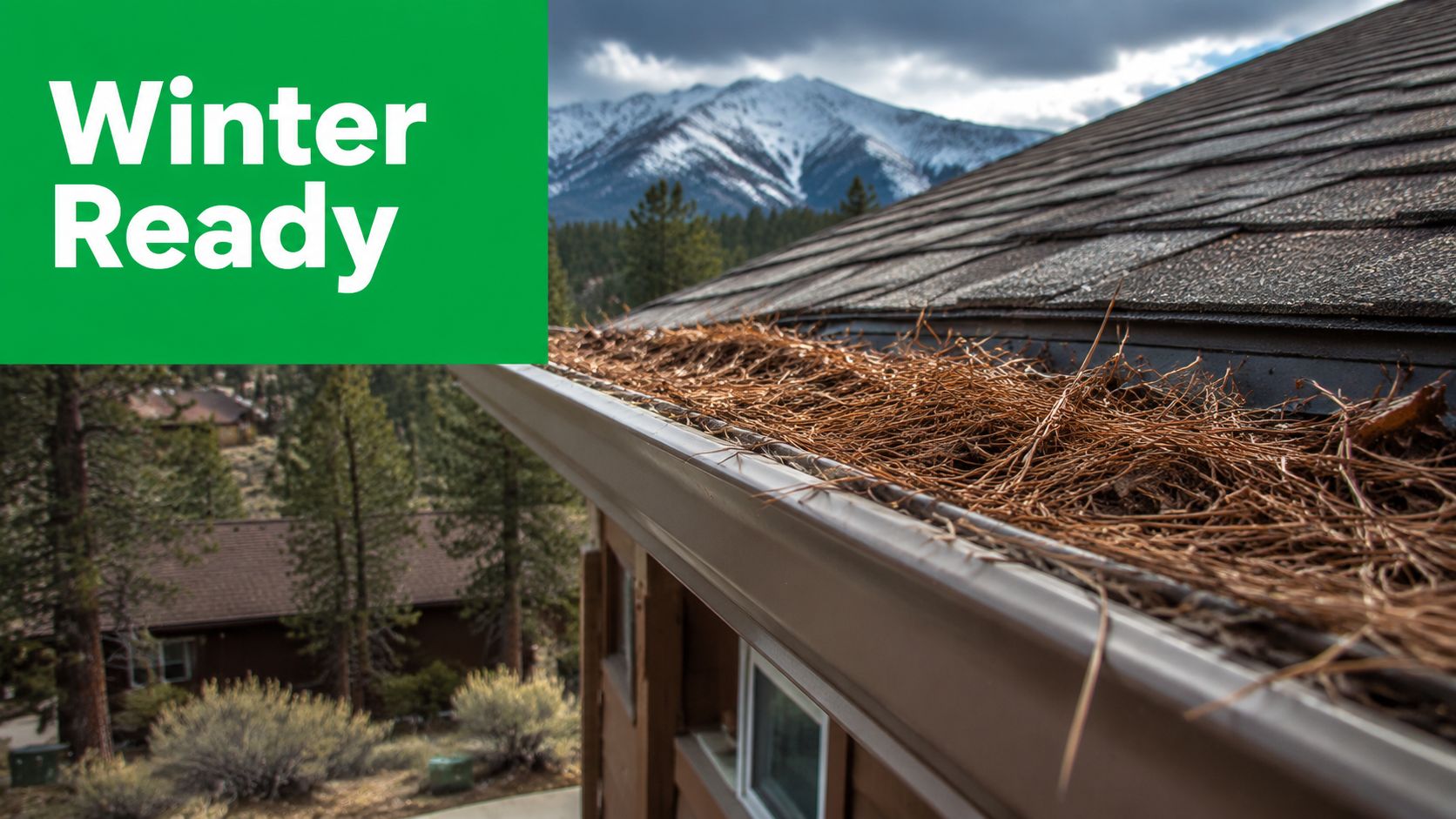 A house gutter filled with dried pine needles against a backdrop of snow-capped mountains.