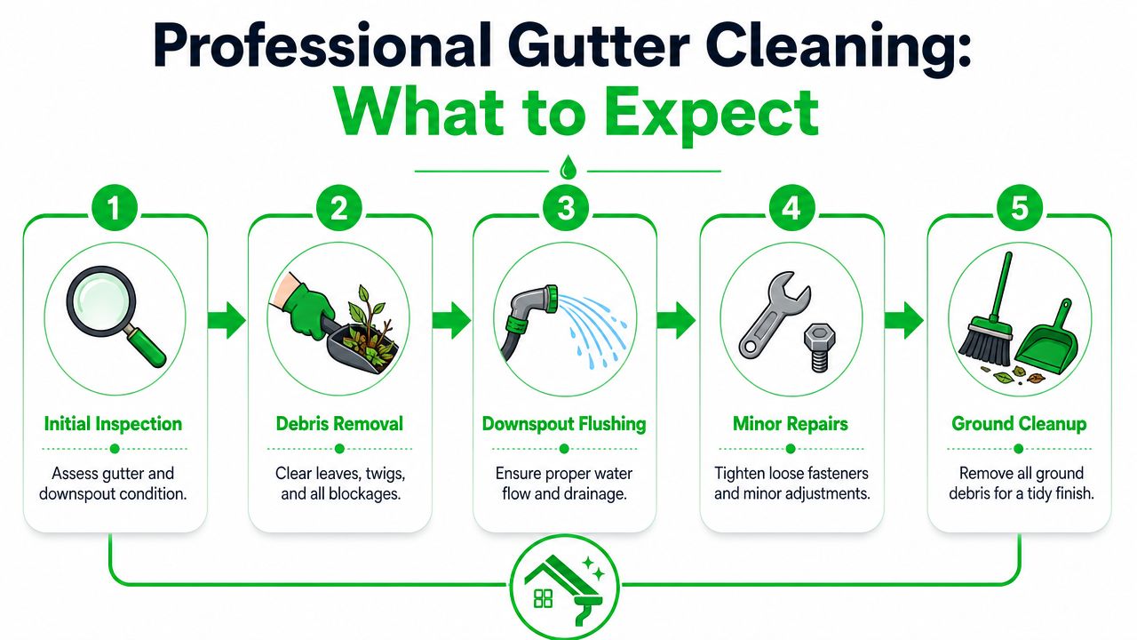 A five-step infographic illustrating the professional process for cleaning and maintaining residential rain gutters.