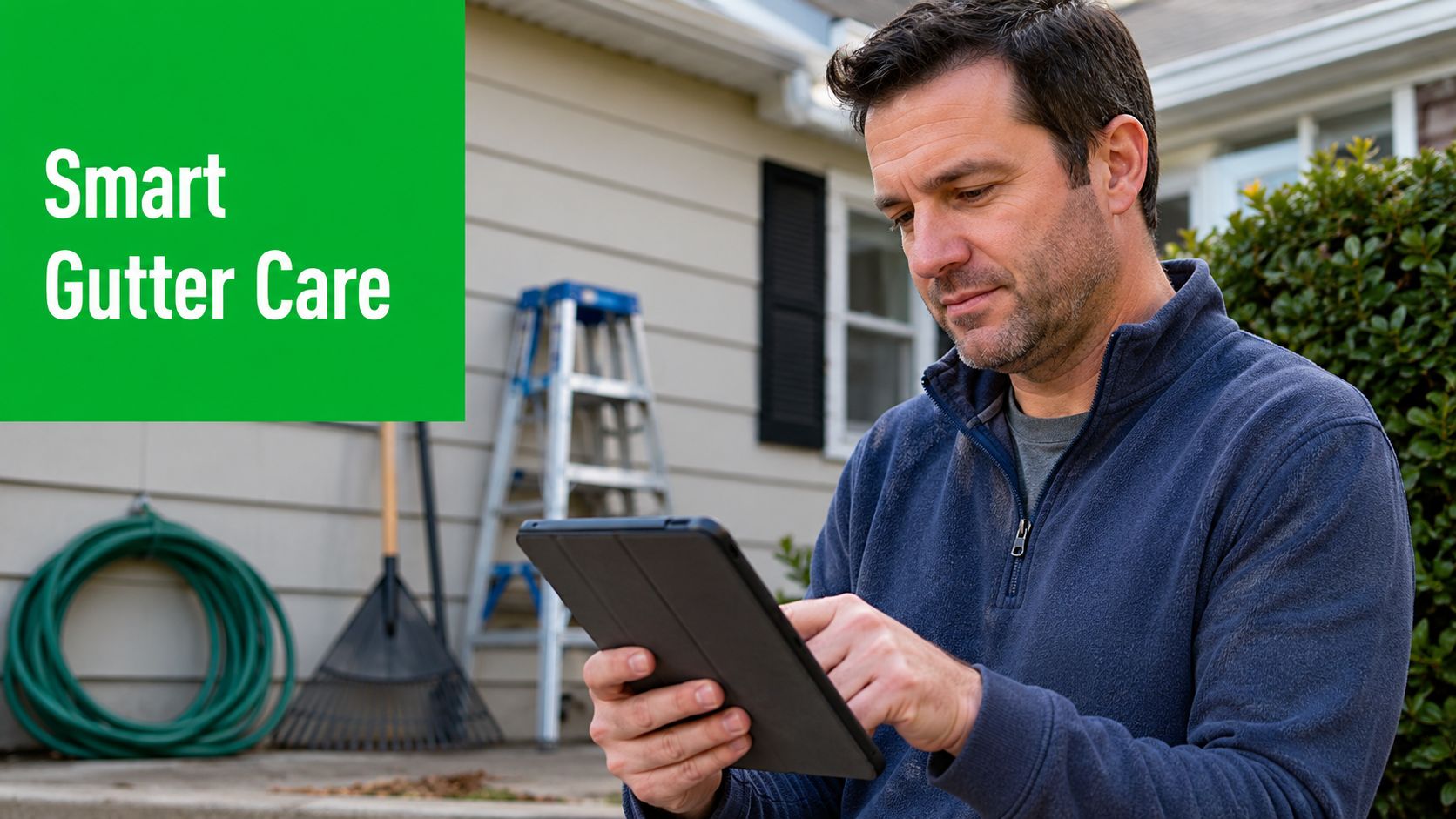 A man using a tablet to research affordable gutter cleaning services near his house and yard tools.