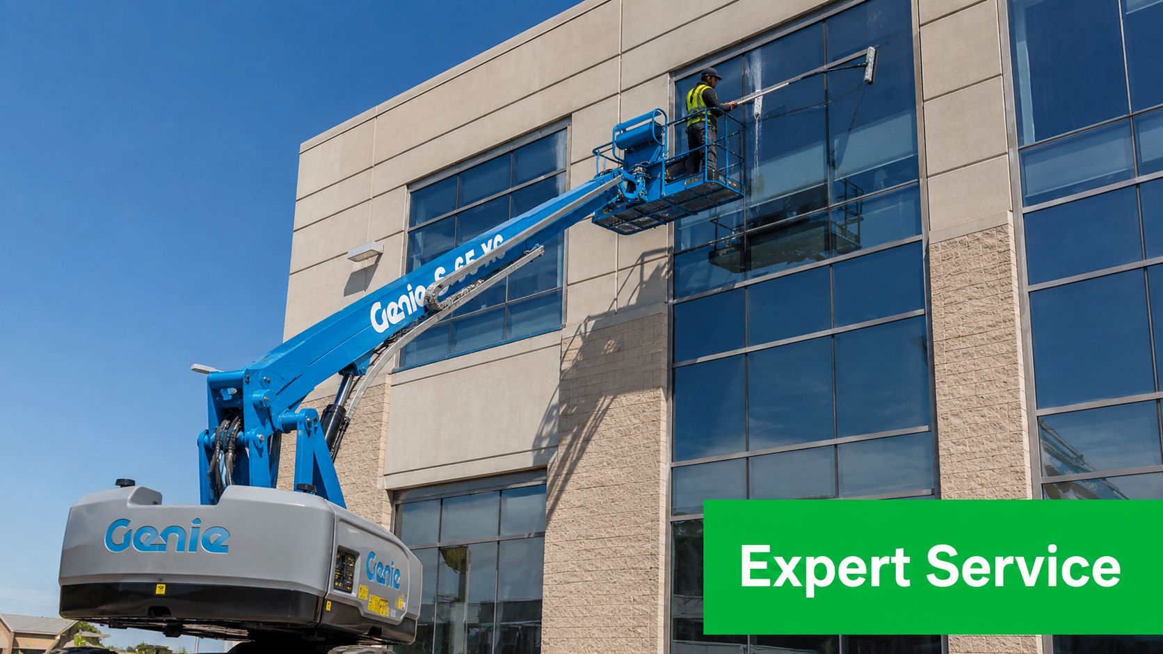 A professional window cleaner working on a tall building exterior using a Genie aerial lift machine.