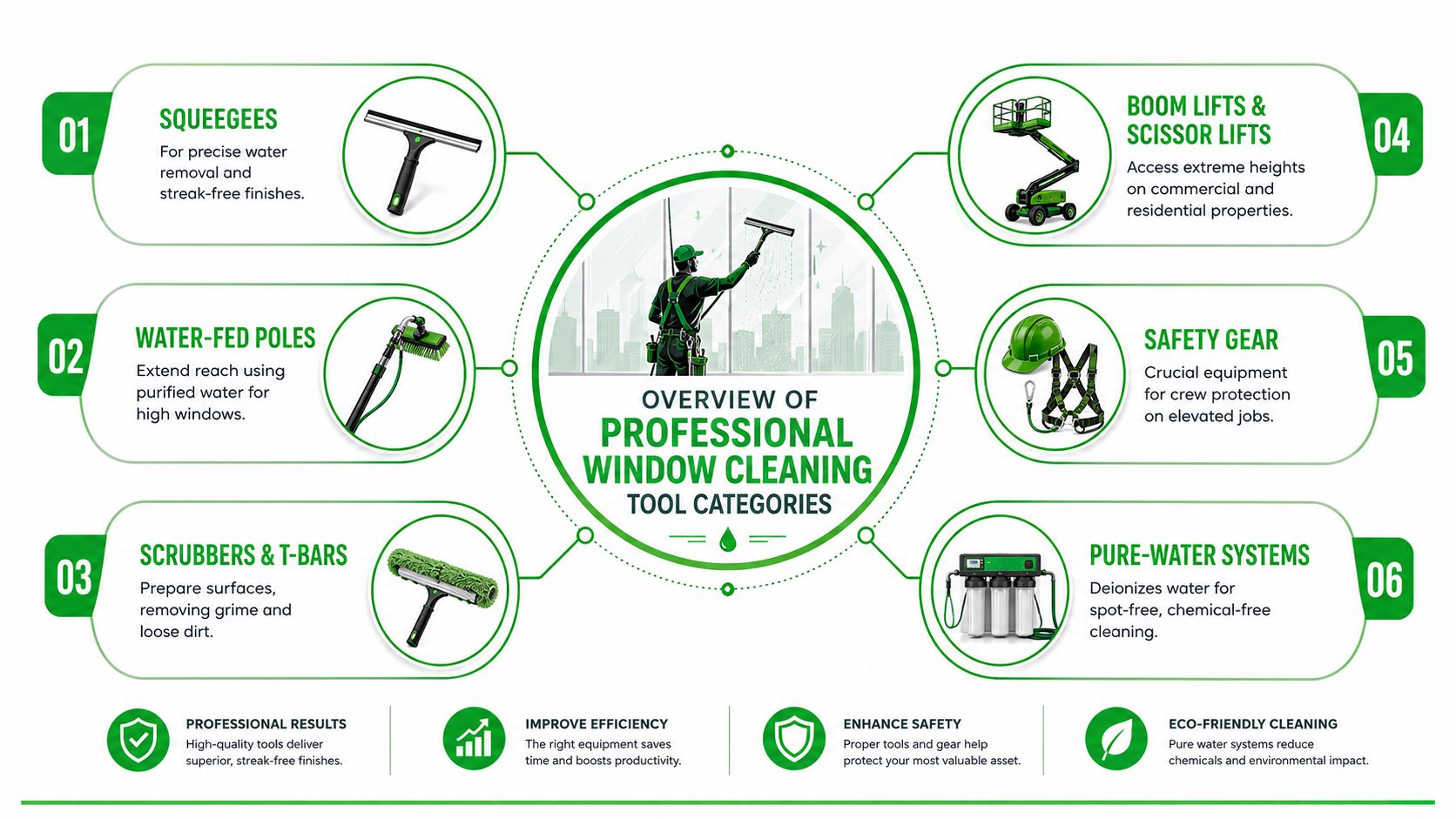 A professional infographic illustrating essential equipment categories for commercial and residential window cleaning services.