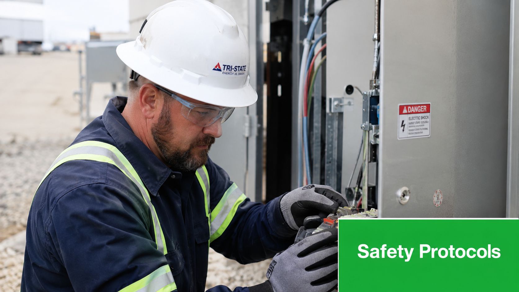 An electrical worker in protective gear performs maintenance on an industrial electrical cabinet outdoors.