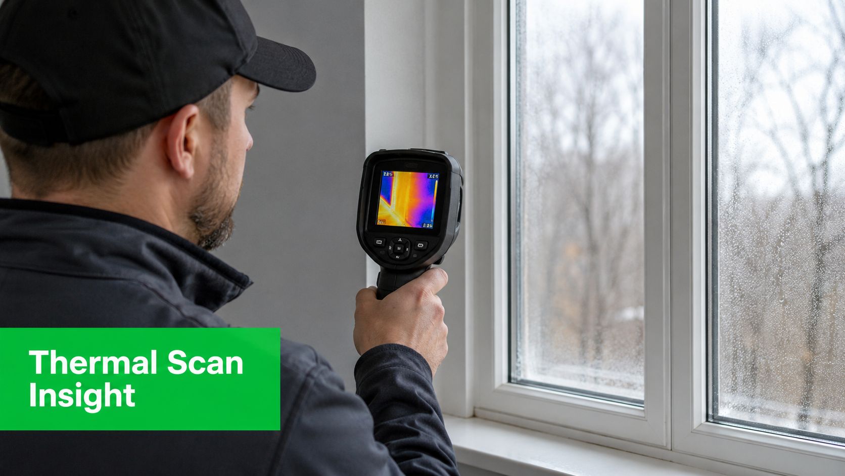 A professional technician using a thermal imaging camera to inspect for window leaks and insulation issues indoors.
