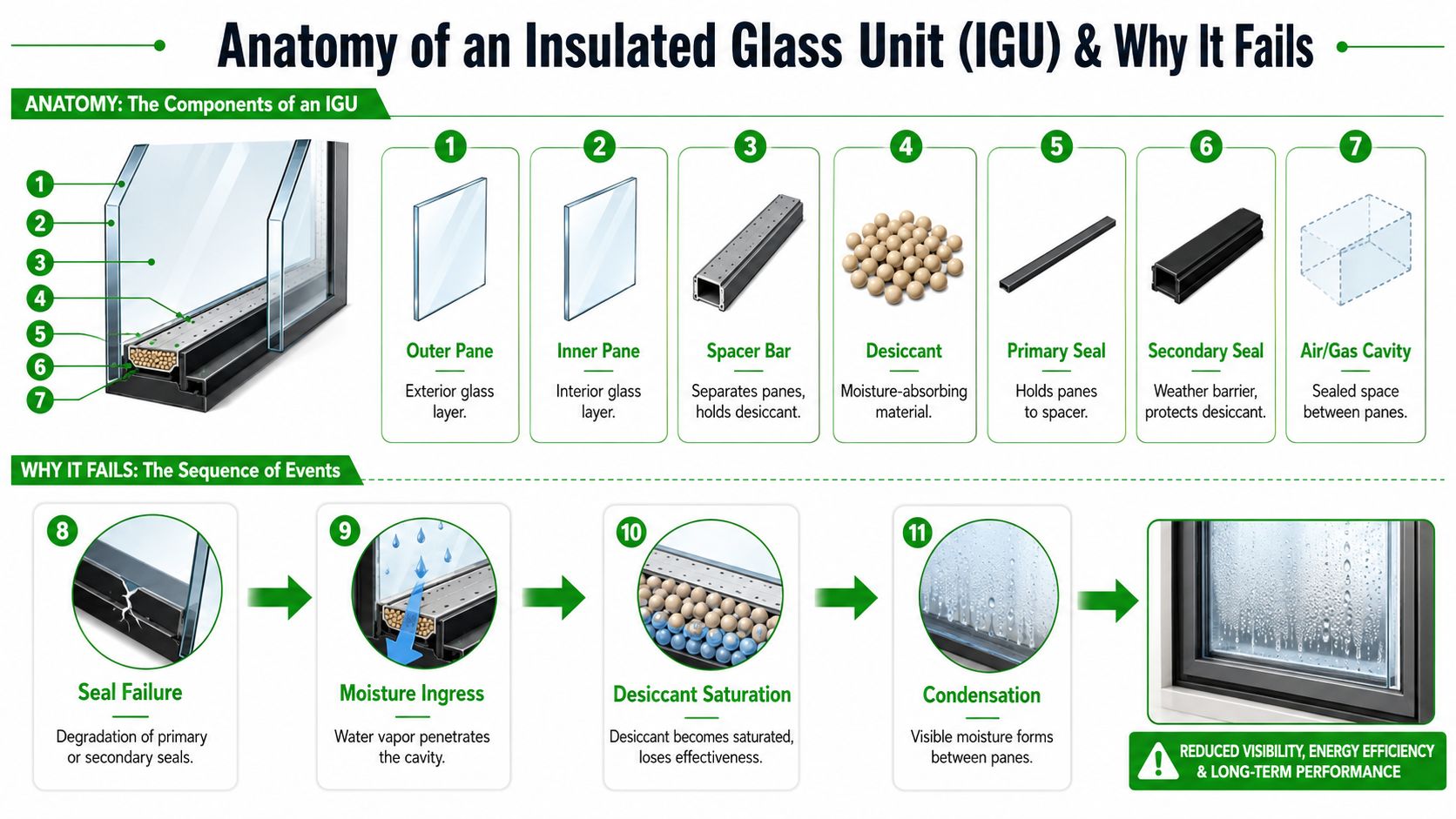 An infographic illustrating the structure of an insulated glass unit and the process leading to window condensation failure.
