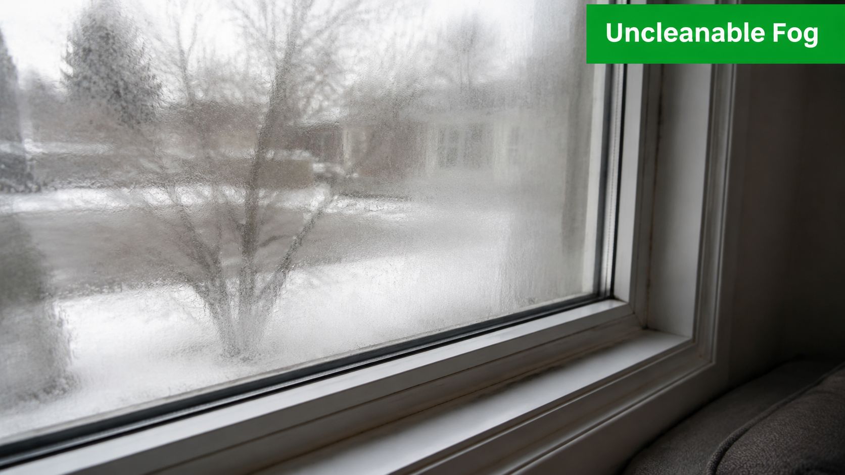A close-up view of a double-pane residential window showing permanent condensation trapped between the glass layers.