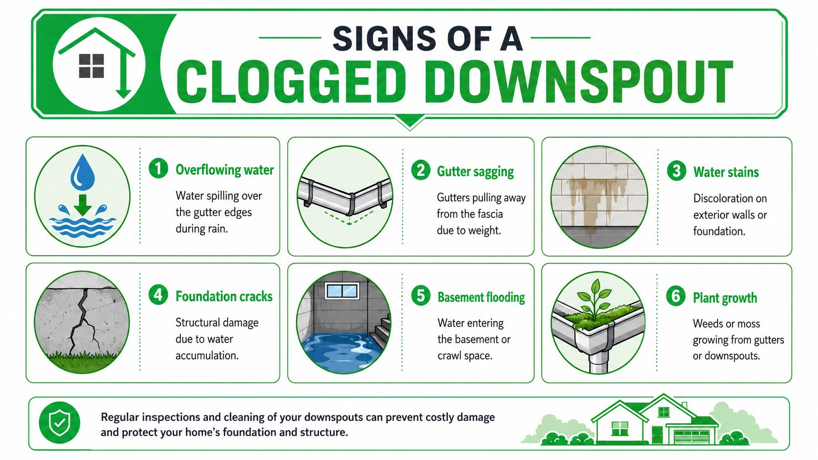 An infographic showing six common signs that your home downspout is clogged and needs cleaning and maintenance.