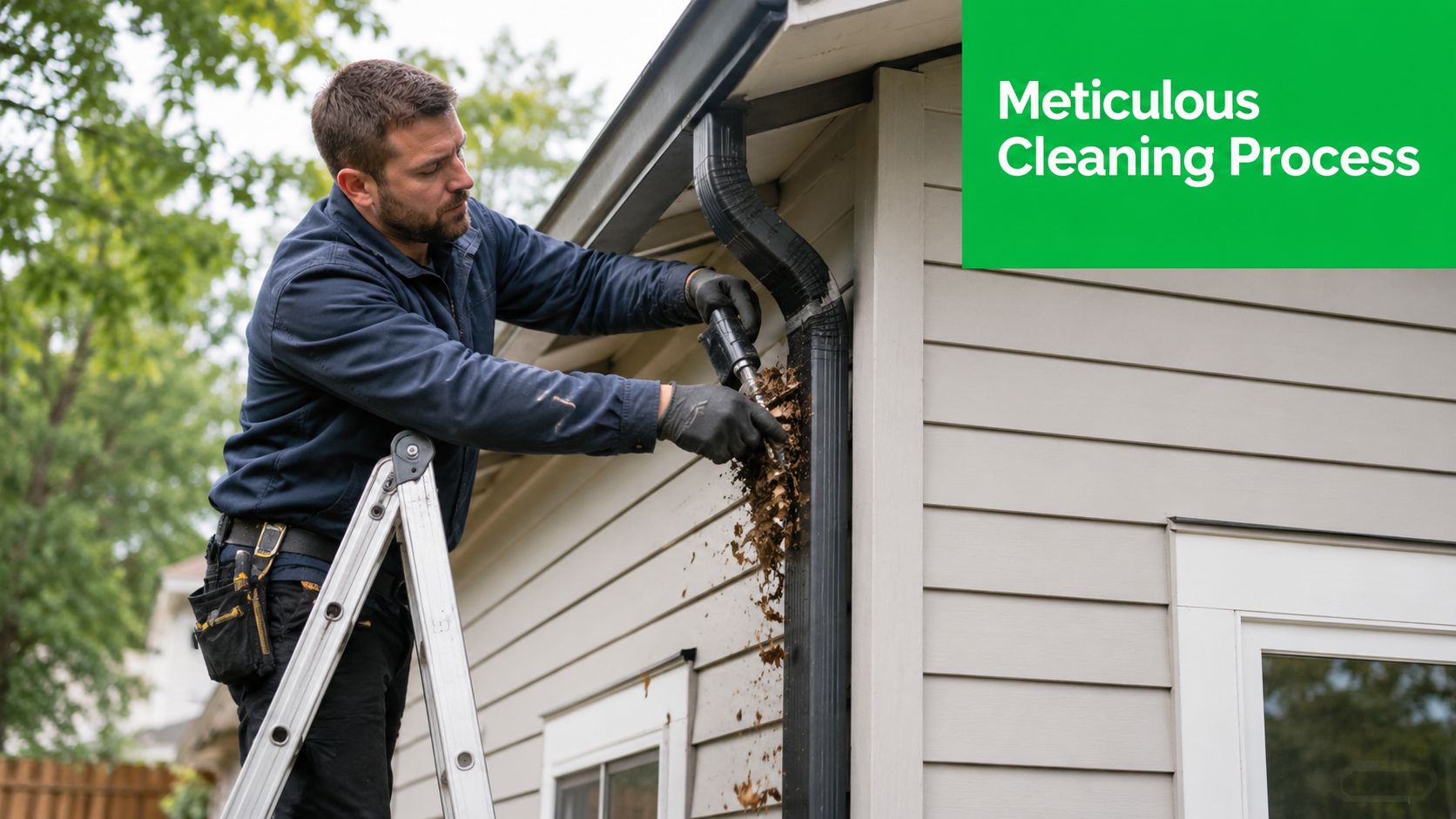 A professional technician carefully removing debris from a residential roof downspout while standing on a ladder.
