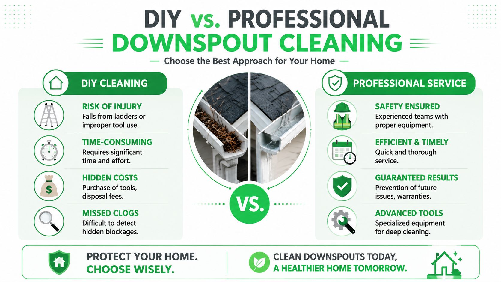 A comparison infographic detailing the pros and cons of DIY versus professional downspout and gutter cleaning services.