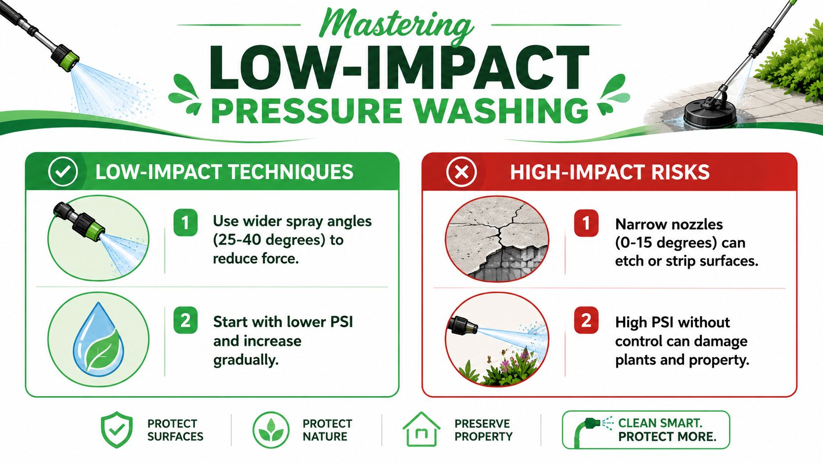 An infographic illustrating low-impact pressure washing techniques and the risks associated with high-impact power washing methods.