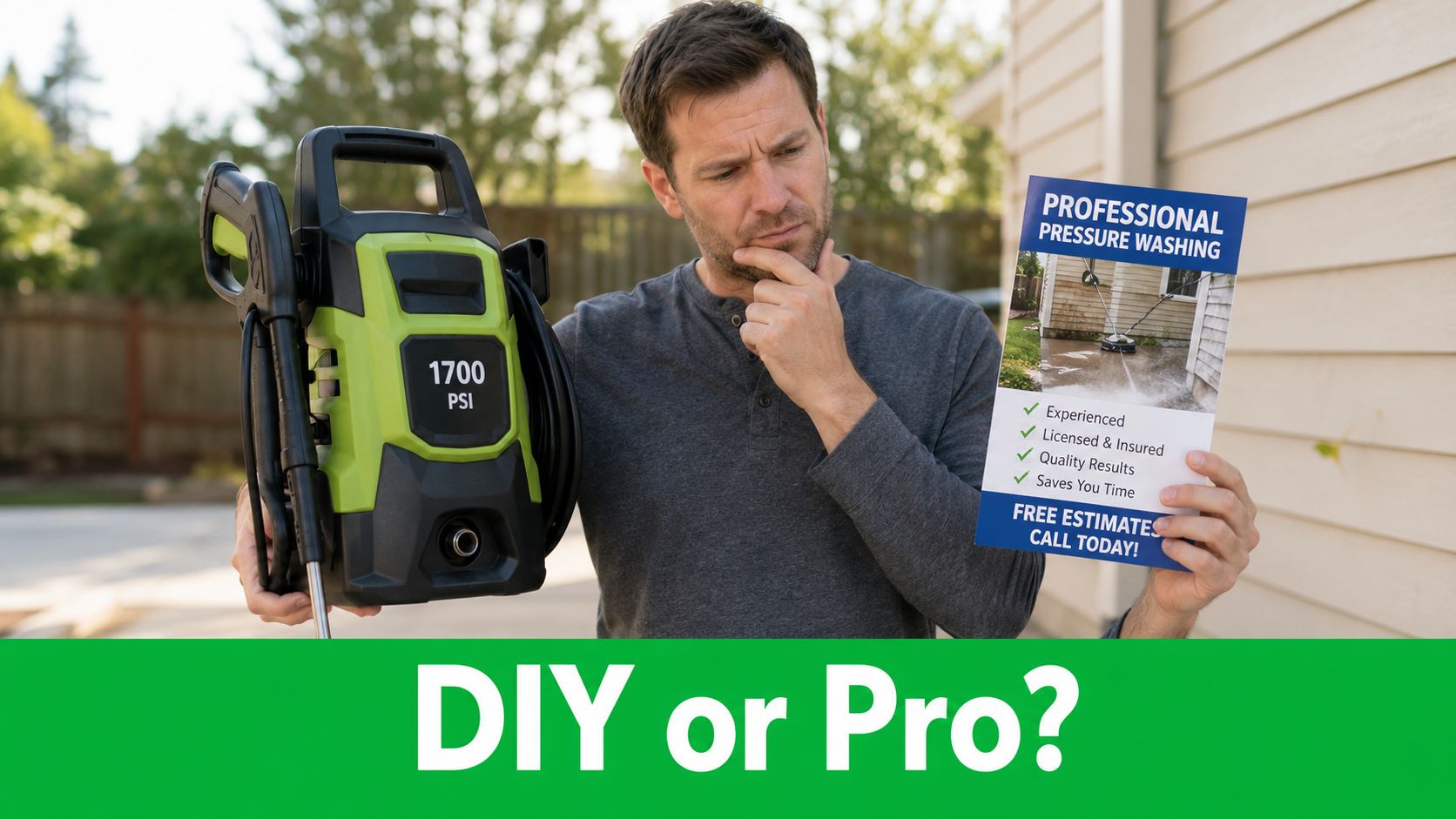 A man contemplates whether to use a DIY pressure washer or hire professional pressure washing services.