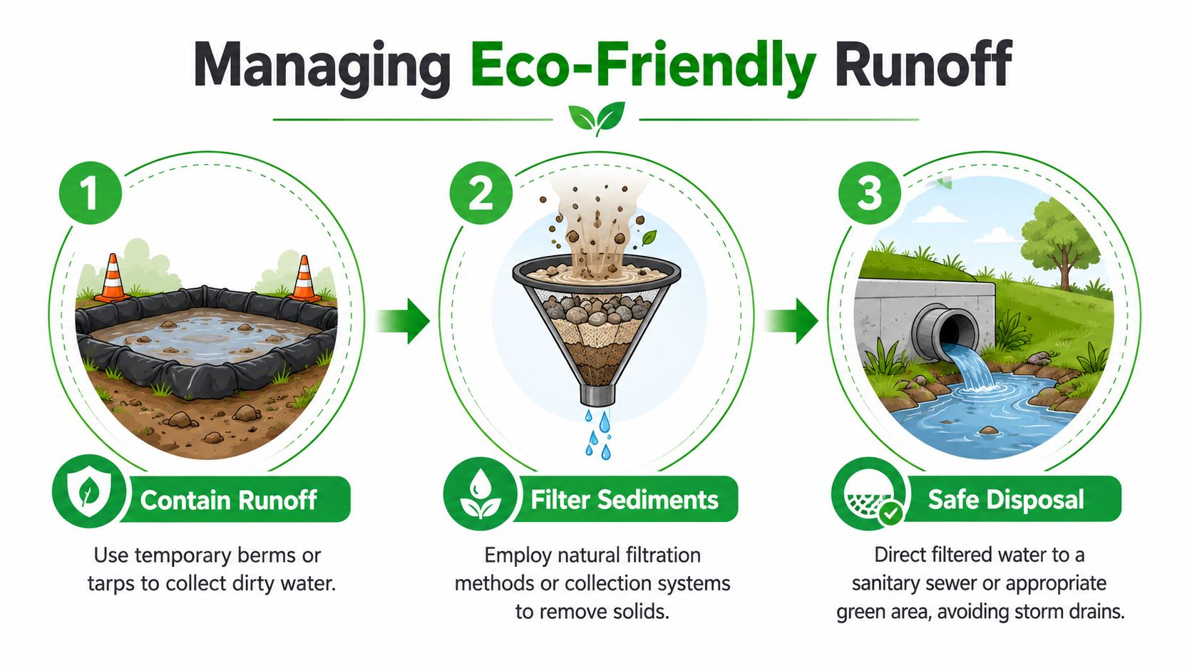 An infographic showing a three-step process for eco-friendly runoff management including containment, filtration, and safe water disposal.