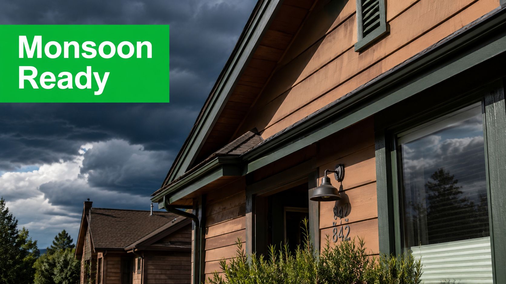 A wooden cabin house under a dark, stormy sky with the text Monsoon Ready overlaying the image.