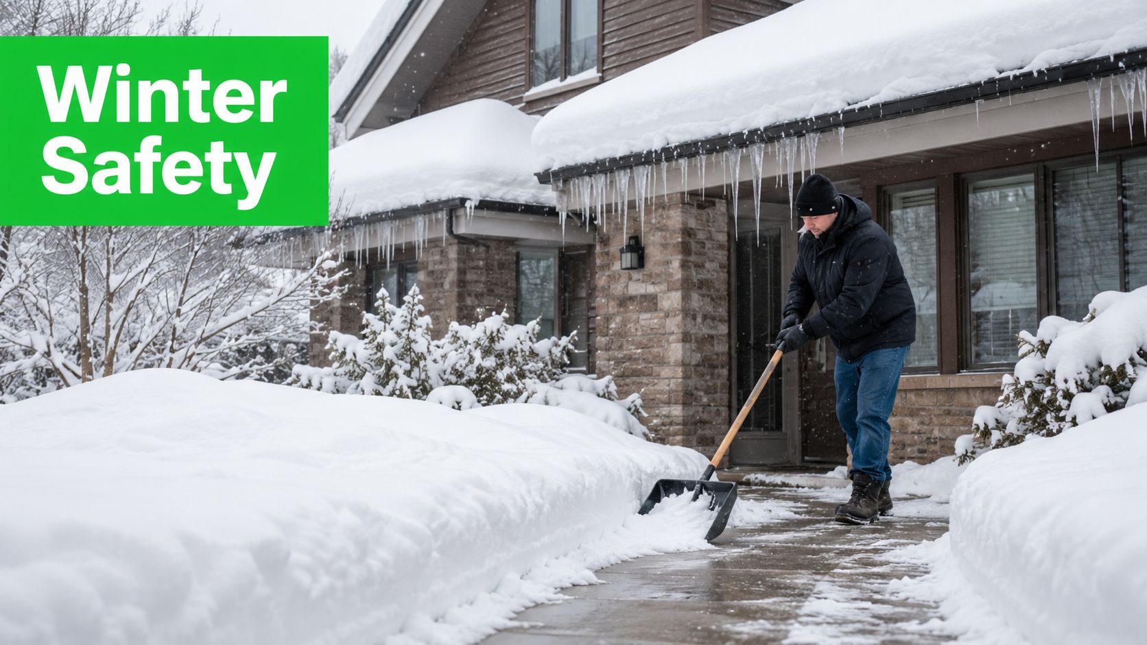 A man in a winter jacket uses a shovel to clear snow from a walkway outside a home.