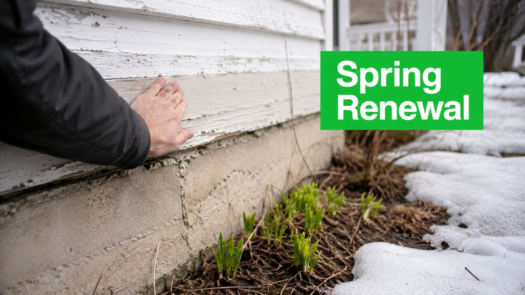 A hand touching peeling white paint on the siding of a house with small green shoots emerging.