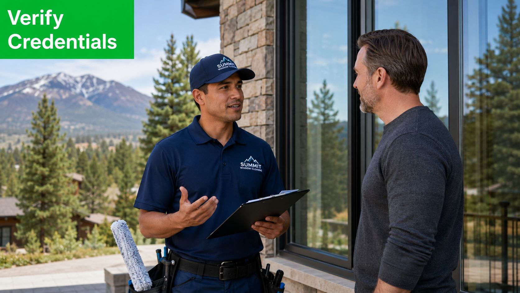 A professional window cleaner from Summit Window Cleaning discusses service options with a client at their home.