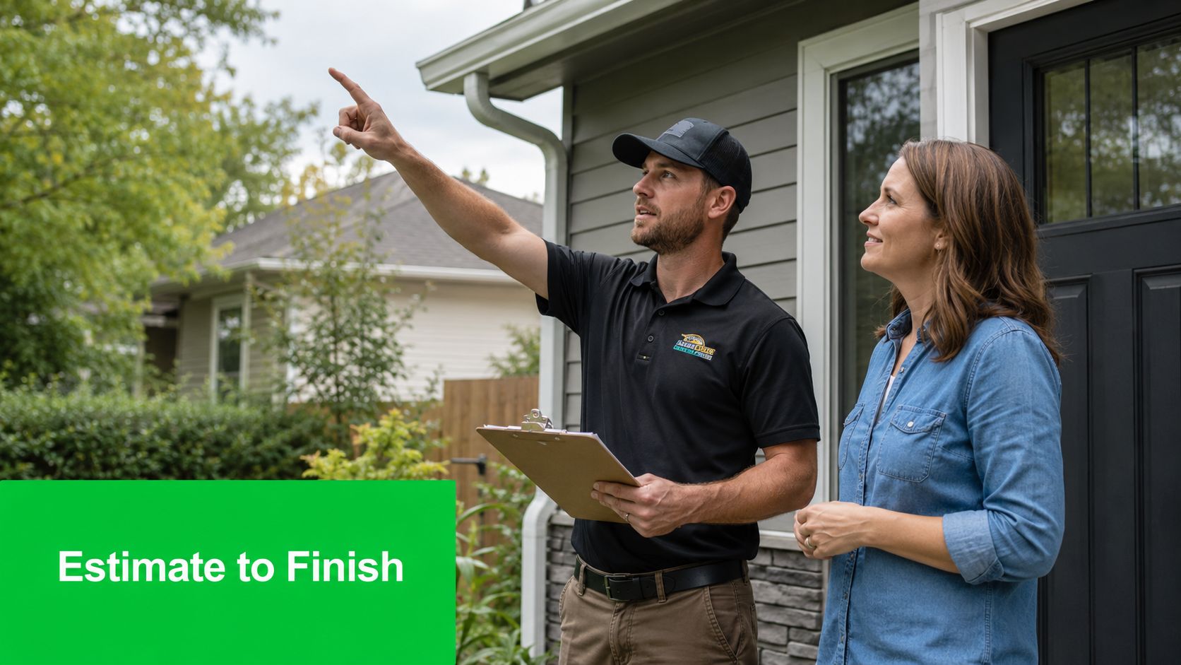 A professional contractor in a company uniform pointing towards the roof to explain home services to a homeowner.