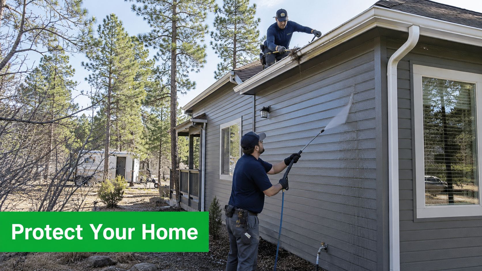 A professional service worker pressure washing a house exterior while another clears debris from the roof gutters.