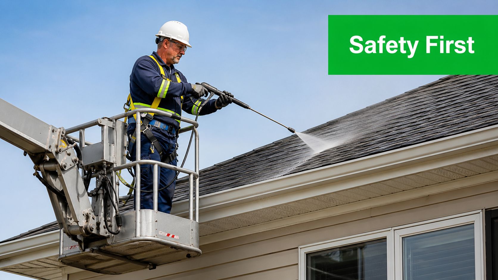 A professional technician wearing safety gear cleaning a roof with a high-pressure washer from a lift.