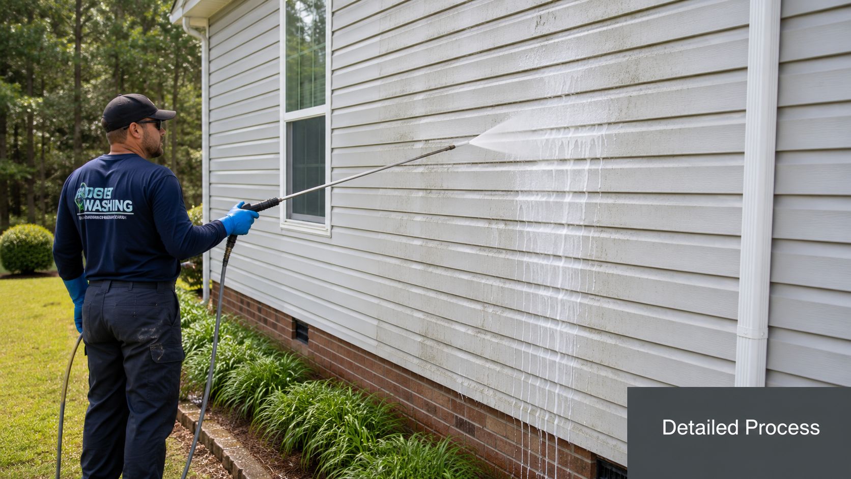 A professional technician uses a pressure washer to clean the light-colored vinyl siding of a suburban house.