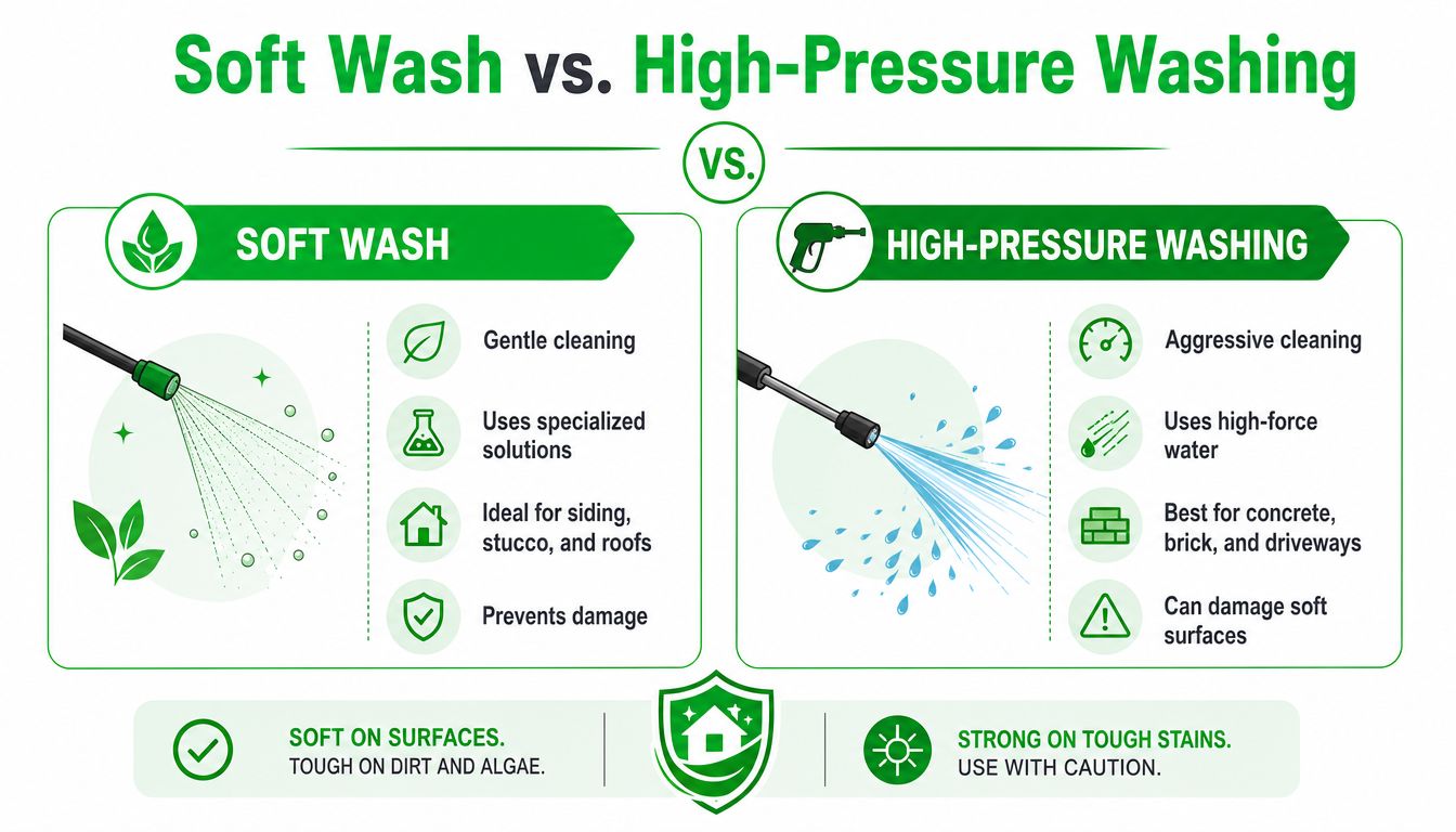 A comparative infographic illustrating the differences between soft washing and high-pressure washing for exterior home cleaning.