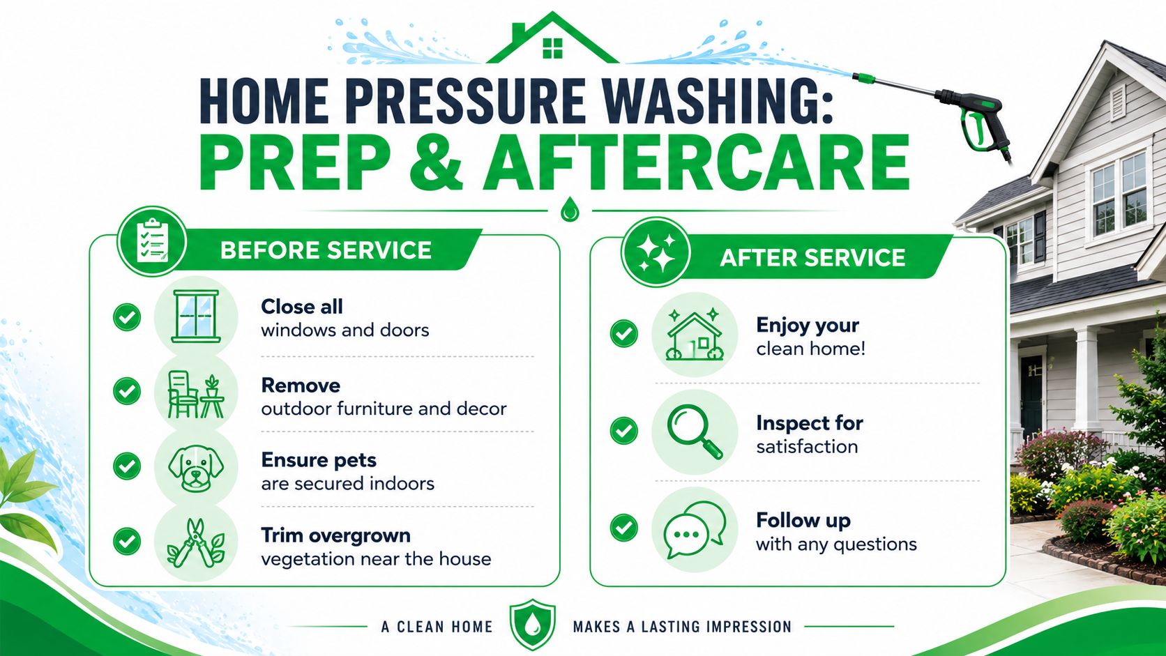 An infographic detailing preparation and aftercare steps for professional home pressure washing services for homeowners.