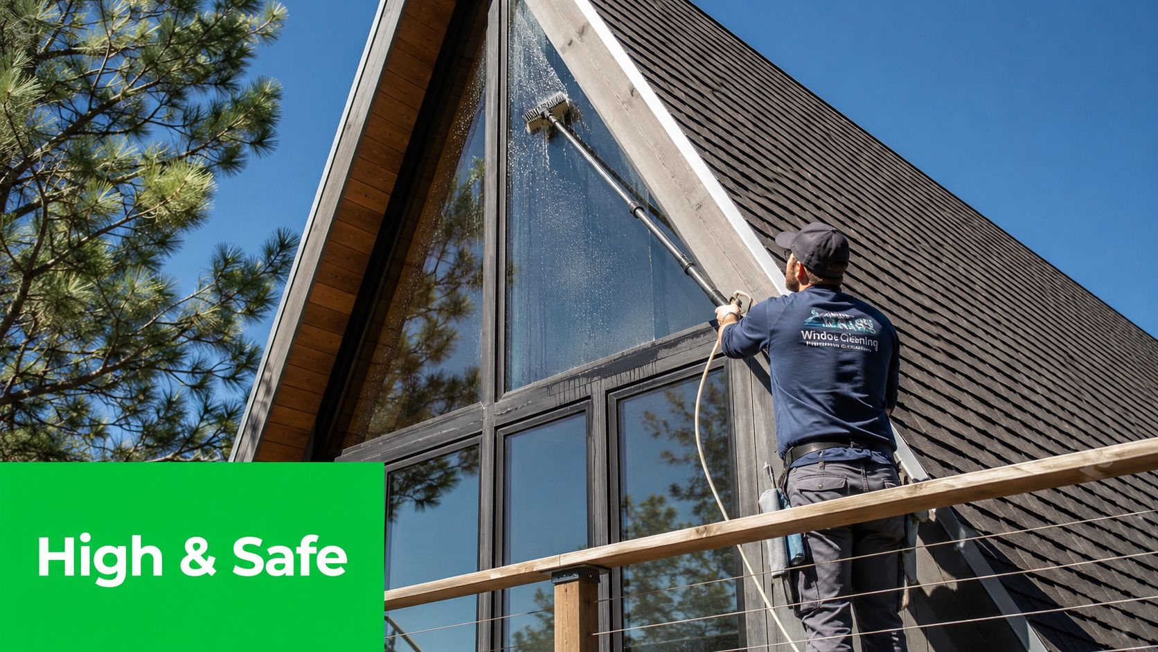 A professional window cleaner using an extended water-fed pole to clean the windows of a modern A-frame house.