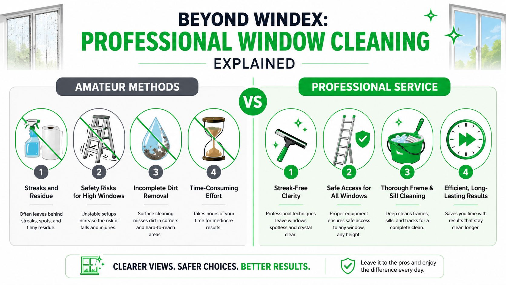 An infographic comparing the disadvantages of DIY window cleaning versus the benefits of professional window cleaning services.