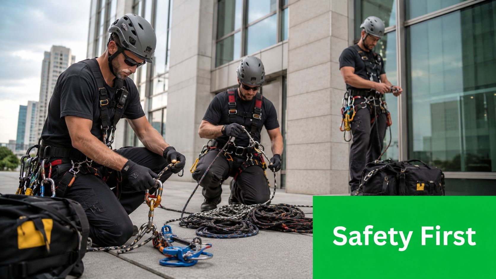 Three professional industrial rope access technicians prepare their safety equipment and ropes before cleaning high rise windows.
