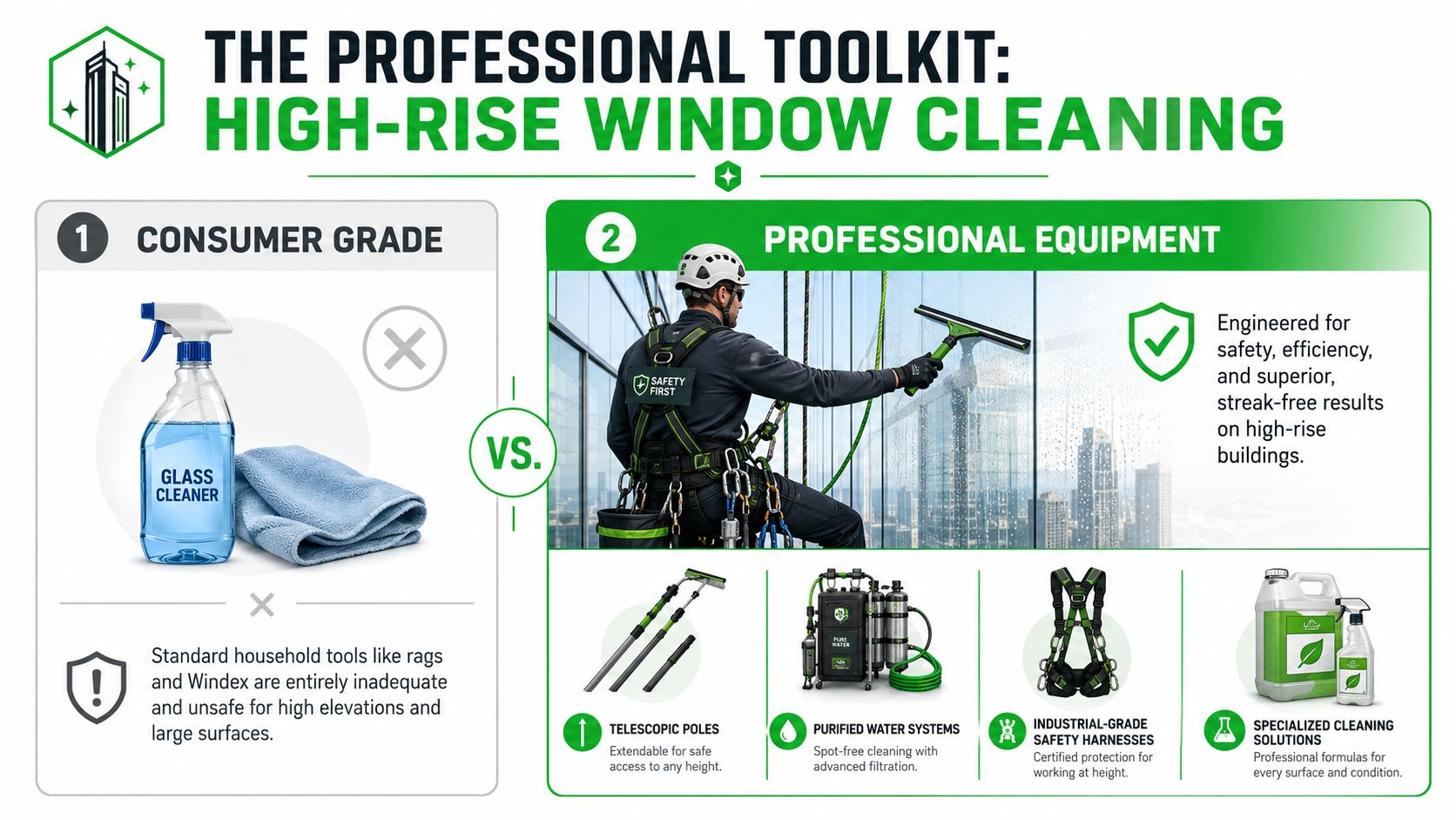 A comparison infographic between inadequate consumer-grade cleaning supplies and professional equipment for high-rise window cleaning tasks.