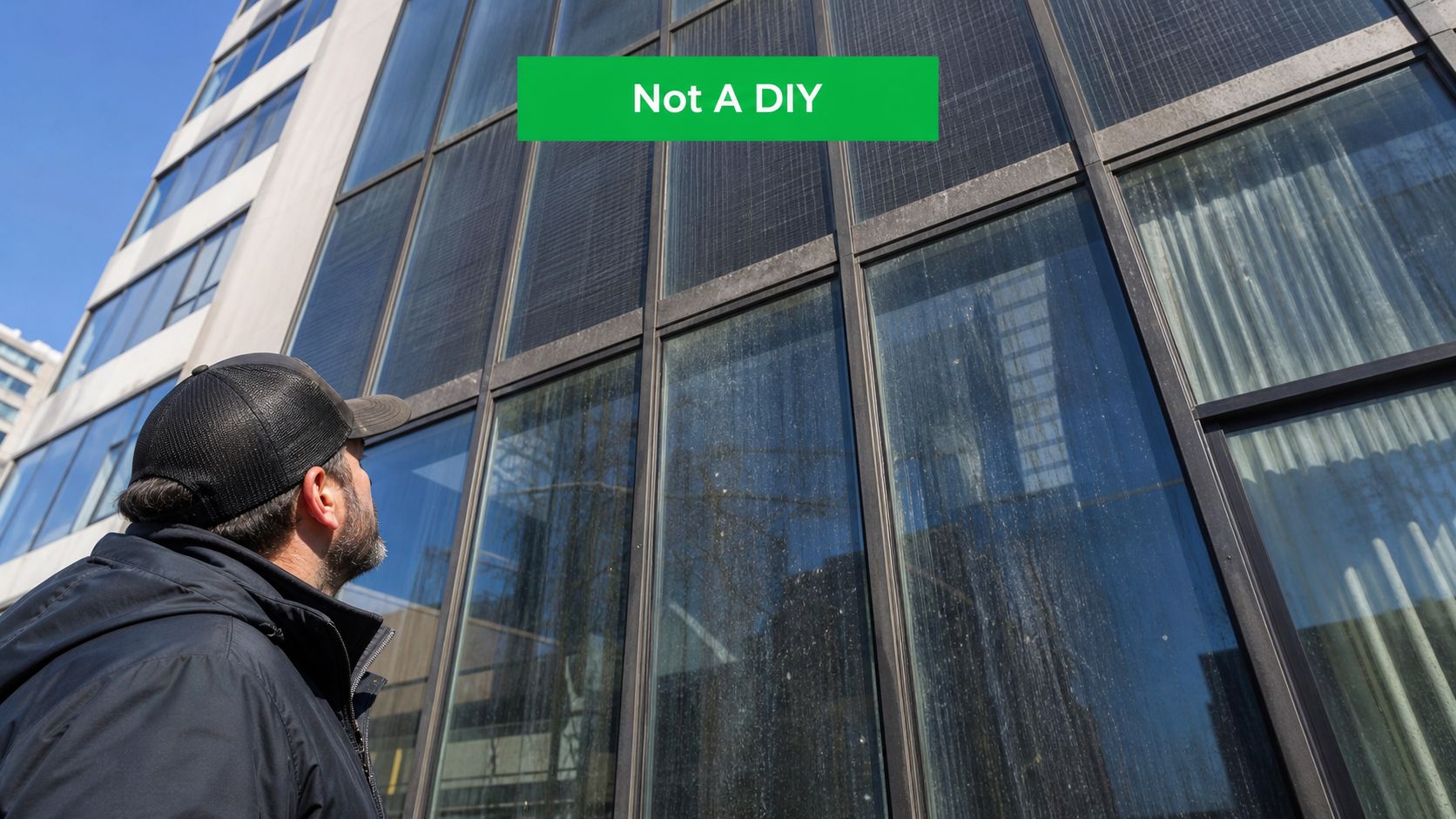 A man in a baseball cap inspecting the exterior glass facade of a tall modern building.