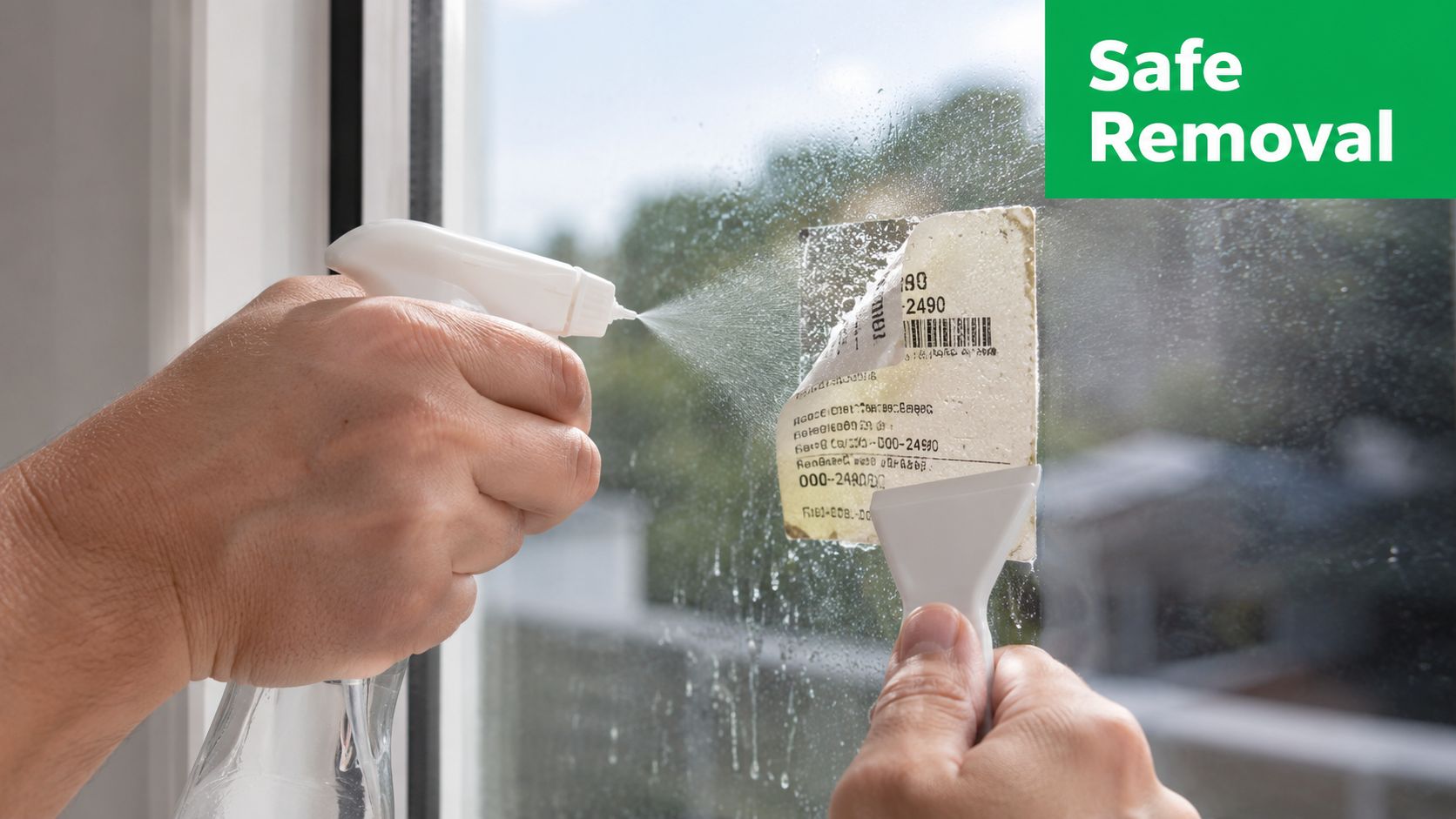 A person using a spray bottle and a plastic scraper to remove a sticker from a window.