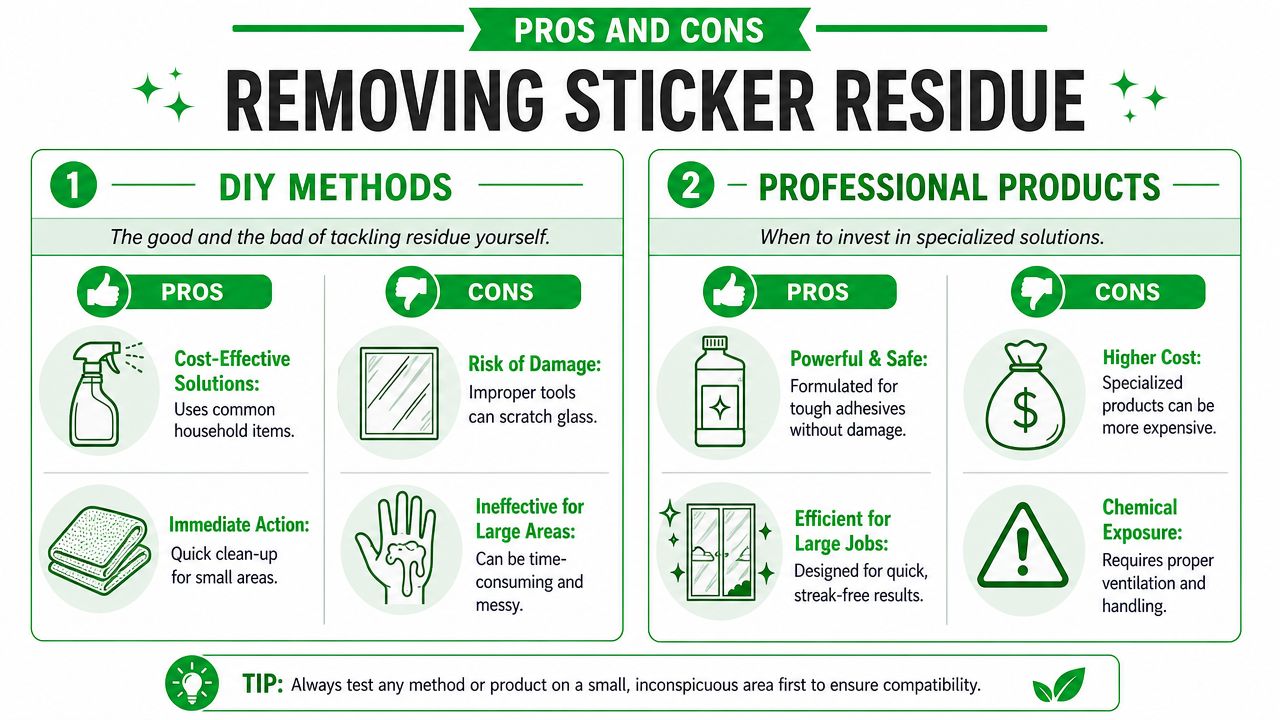 An infographic comparing DIY methods and professional products for removing sticker residue from surfaces like glass.