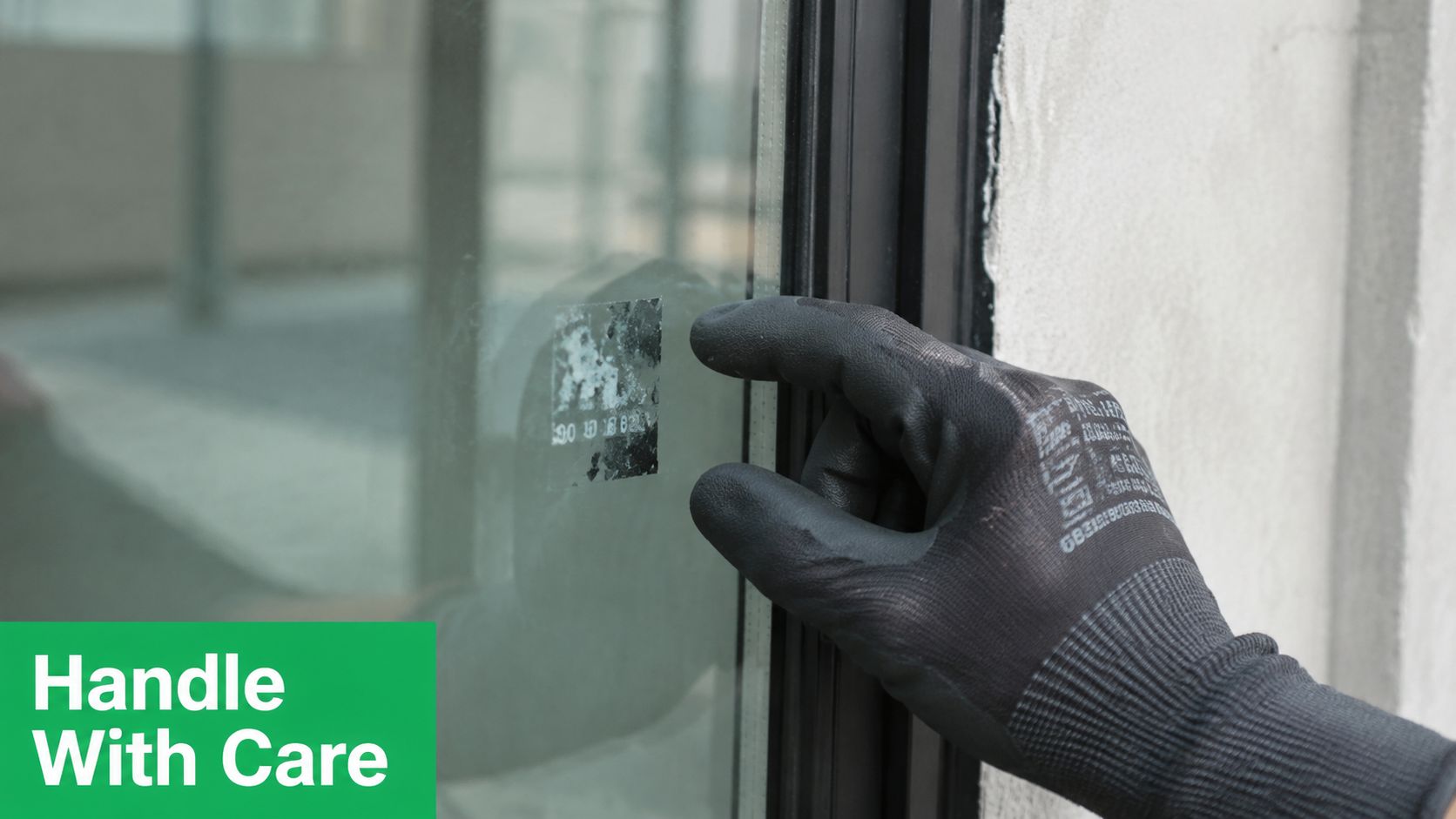 A worker wearing a protective glove touching a small sticker residue on a glass window pane.