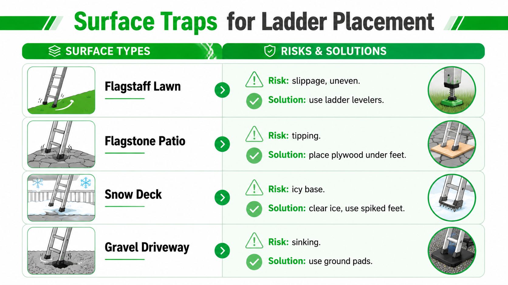 A safety infographic showing common ground surfaces that pose ladder placement risks and their recommended solutions.