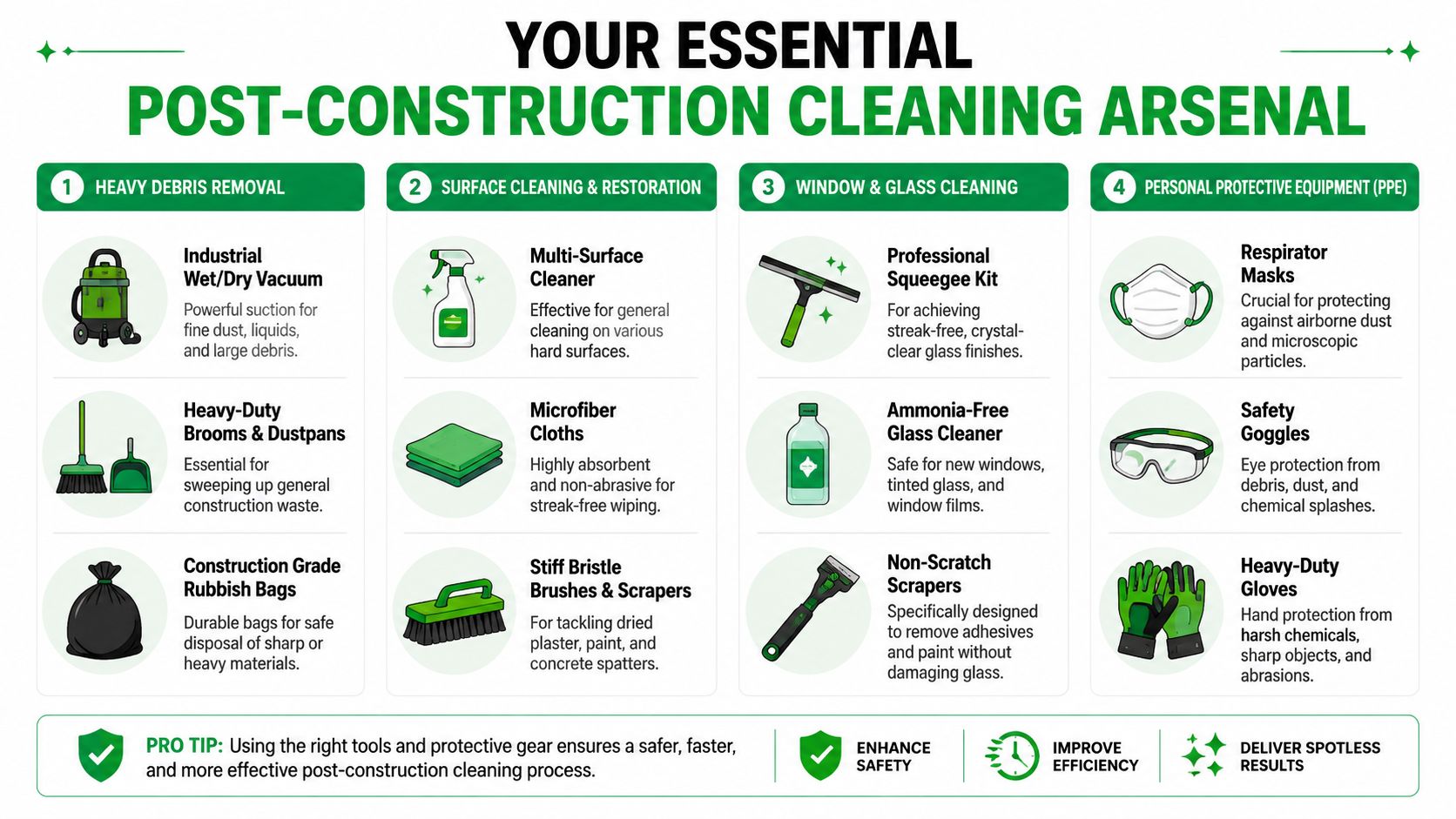 An infographic detailing essential post-construction cleaning supplies, including tools for debris removal, surface cleaning, and protective gear.