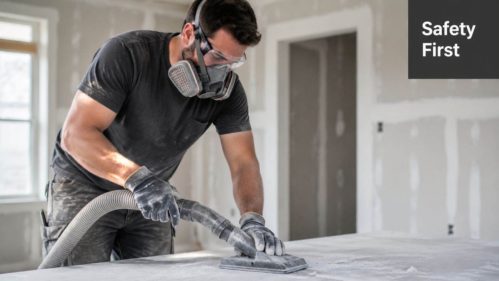 A construction worker wearing a respirator and safety goggles vacuums drywall dust from a smooth surface.