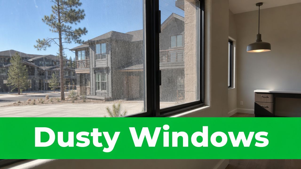 A view through a dusty glass window showing a residential neighborhood under a clear blue sky.