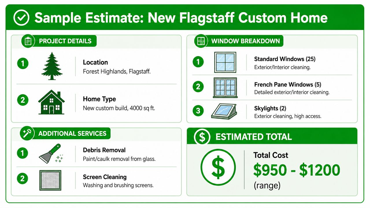 A professional sample estimate infographic showing pricing and services for new custom home post construction window cleaning.