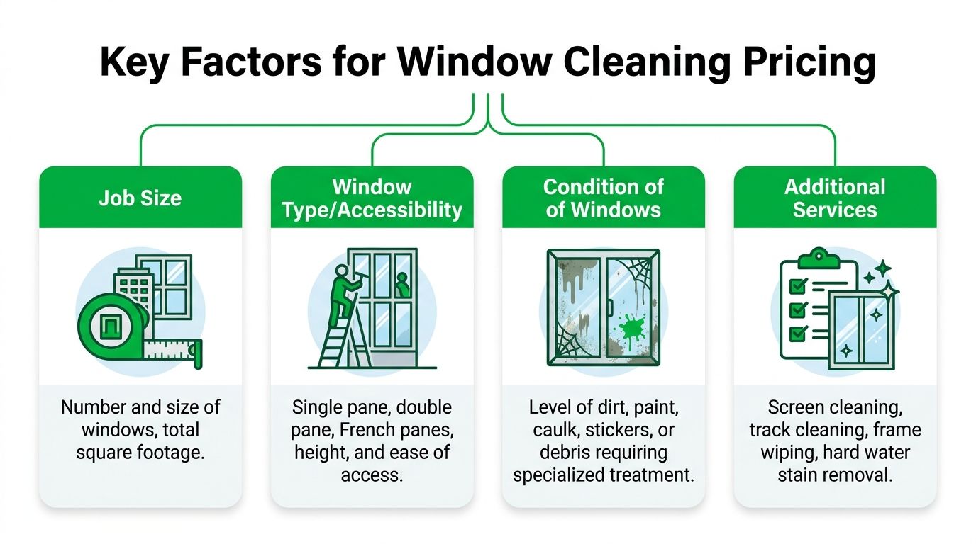 An infographic showing four key factors that influence window cleaning prices for professional services.