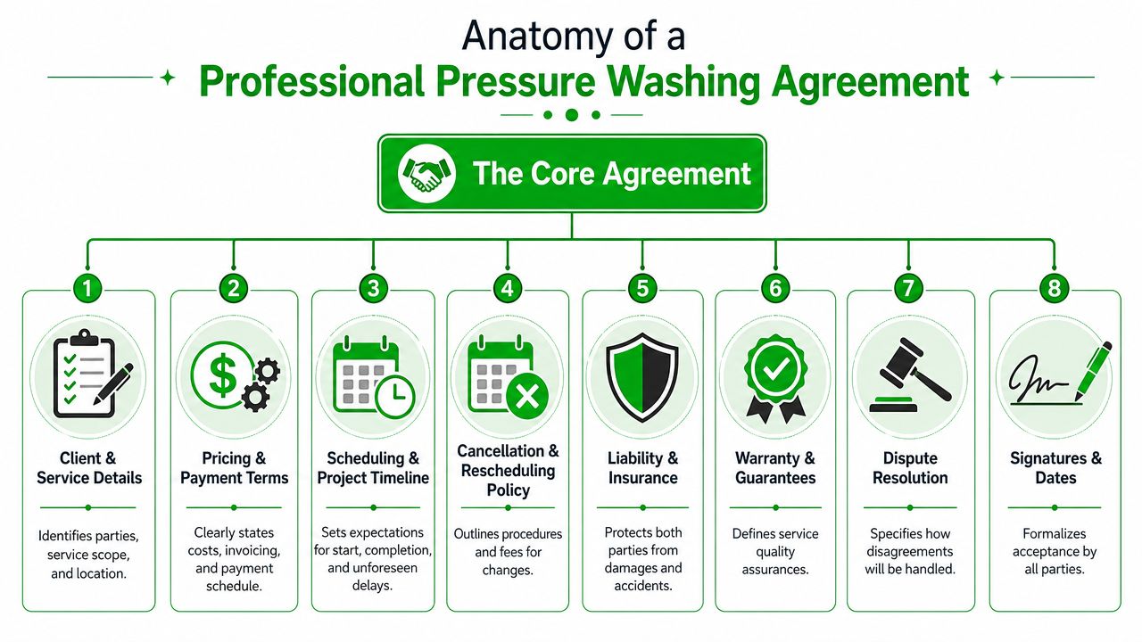 An infographic detailing the essential components of a professional pressure washing service agreement contract.