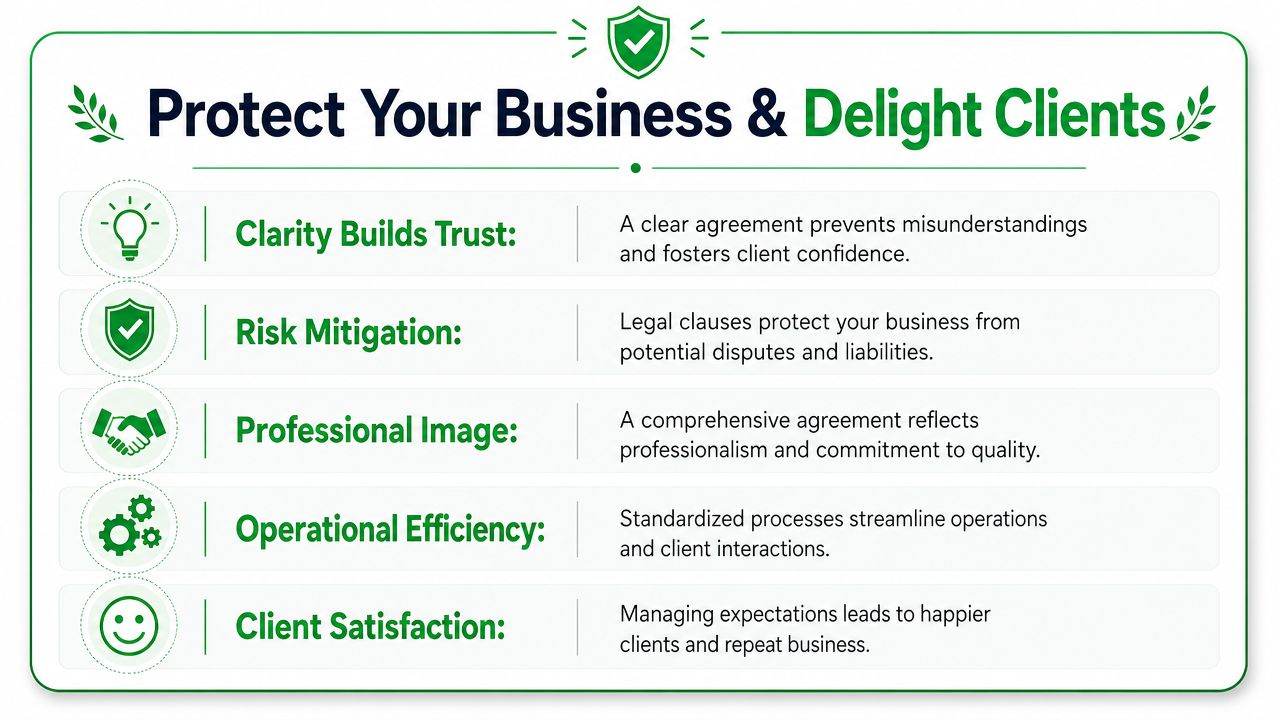 A business infographic illustrating five key benefits of using clear and professional client service agreements.